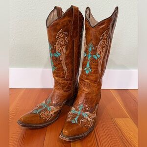 Circle G by Corral Cognac & Turquoise-Beige Wing & Cross Boots L5104 Women Sz 10